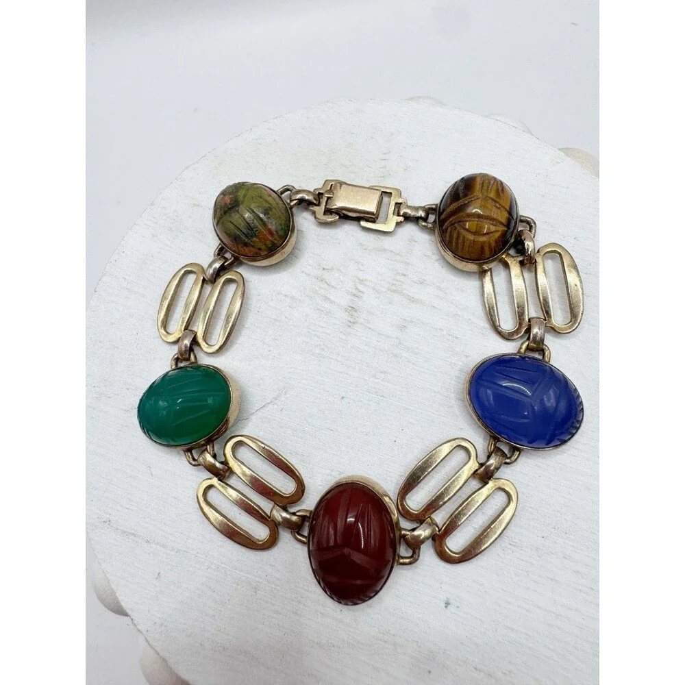 Vtg Scarab 12K Gold Filled Bracelet Semi-Precious Stones Unique Chain Links